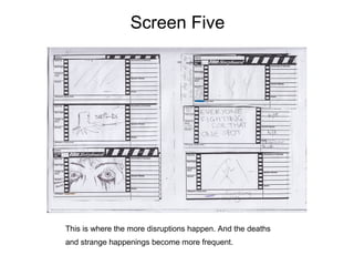 Screen Five




This is where the more disruptions happen. And the deaths
and strange happenings become more frequent.
 