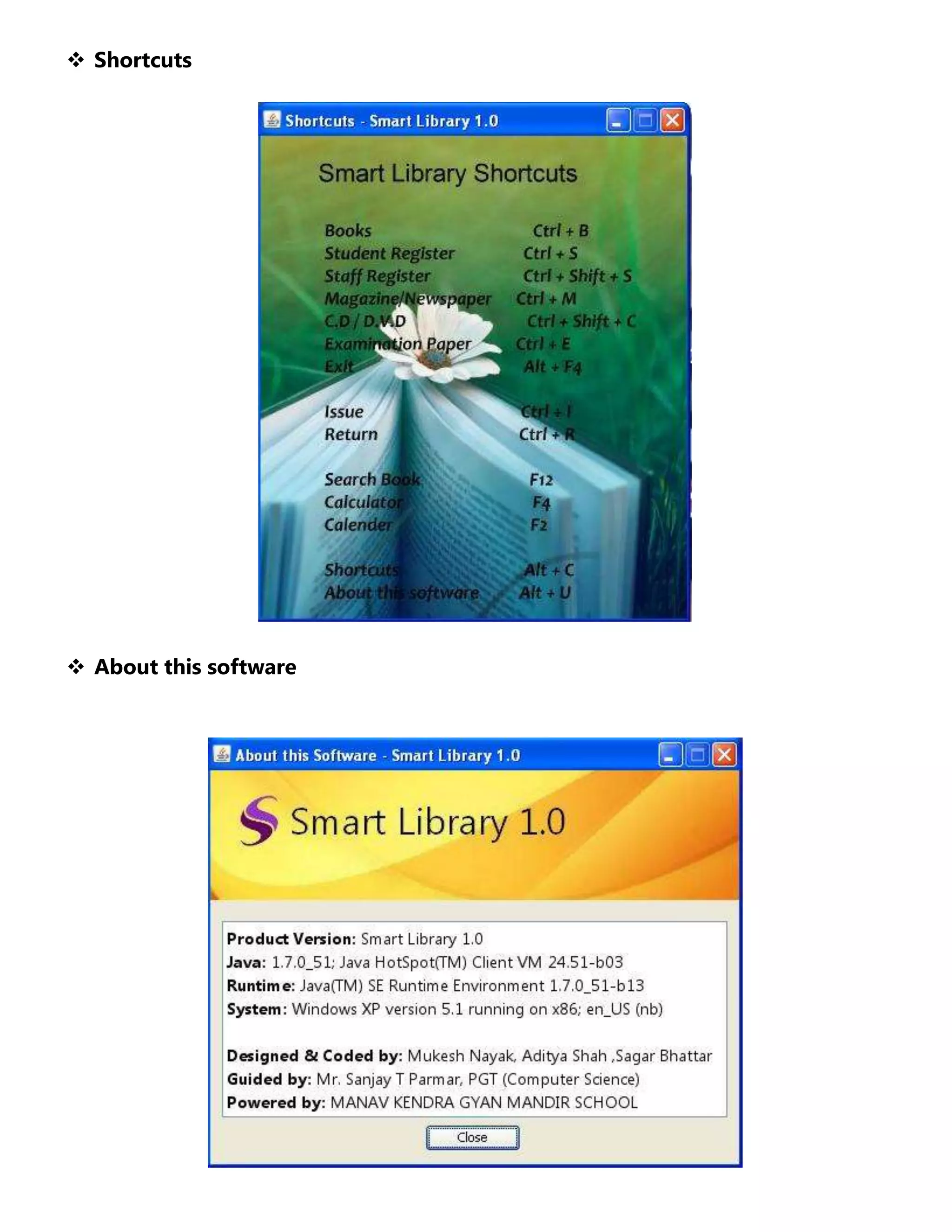  Shortcuts

 About this software

 