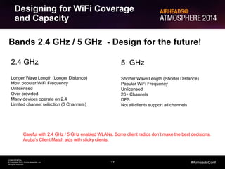 Designing for WiFi Coverage 
and Capacity 
Bands 2.4 GHz / 5 GHz - Design for the future! 
17 
CONFIDENTIAL 
© Copyright 2014. Aruba Networks, Inc. 
All rights reserved 
#AirheadsConf 
2.4 GHz 
Longer Wave Length (Longer Distance) 
Most popular WiFi Frequency 
Unlicensed 
Over crowded 
Many devices operate on 2.4 
Limited channel selection (3 Channels) 
5 GHz 
Shorter Wave Length (Shorter Distance) 
Popular WiFi Frequency 
Unlicensed 
20+ Channels 
DFS 
Not all clients support all channels 
Careful with 2.4 GHz / 5 GHz enabled WLANs. Some client radios don’t make the best decisions. 
Aruba’s Client Match aids with sticky clients. 
 
