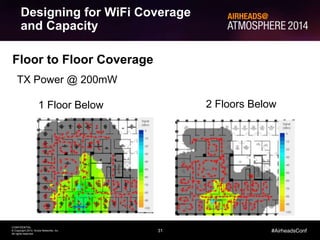 Designing for WiFi Coverage 
and Capacity 
31 
TX Power @ 200mW 
CONFIDENTIAL 
© Copyright 2014. Aruba Networks, Inc. 
All rights reserved 
#AirheadsConf 
Floor to Floor Coverage 
1 Floor Below 2 Floors Below 
 