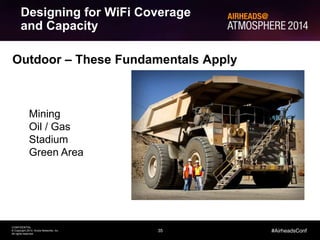Designing for WiFi Coverage 
and Capacity 
35 
CONFIDENTIAL 
© Copyright 2014. Aruba Networks, Inc. 
All rights reserved 
#AirheadsConf 
Outdoor – These Fundamentals Apply 
Mining 
Oil / Gas 
Stadium 
Green Area 
 