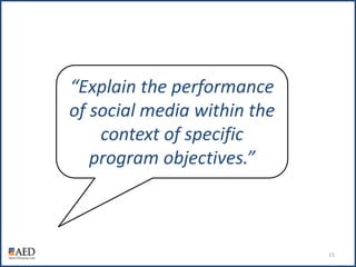 “Explain the performance of social media within the context of specific program objectives.”<br />15<br />