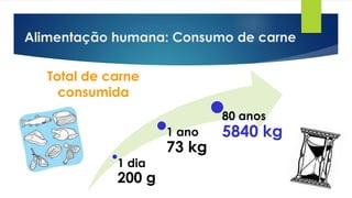 Alimentação humana: Consumo de carne
1 dia
200 g
1 ano
73 kg
80 anos
5840 kg
Total de carne
consumida
 