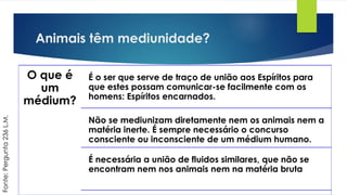 Animais têm mediunidade?
O que é
um
médium?
É o ser que serve de traço de união aos Espíritos para
que estes possam comunicar-se facilmente com os
homens: Espíritos encarnados.
Não se mediunizam diretamente nem os animais nem a
matéria inerte. É sempre necessário o concurso
consciente ou inconsciente de um médium humano.
É necessária a união de fluidos similares, que não se
encontram nem nos animais nem na matéria bruta
Fonte:Pergunta236L.M.
 