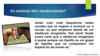 Os animais têm mediunidade?
Ainda com mais frequência vedes
cavalos que se negam a avançar ou a
recuar, ou que empinam diante de um
obstáculo imaginário. Pois bem! Tende
como certo que o obstáculo imaginário
é quase sempre um Espírito ou um grupo
de Espíritos que se comprazem em
impedi-los de mover-se.”
Fonte: Pergunta 236 L.M.
 