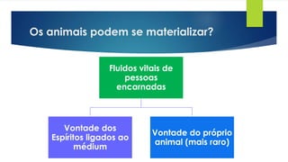 Os animais podem se materializar?
Fluidos vitais de
pessoas
encarnadas
Vontade dos
Espíritos ligados ao
médium
Vontade do próprio
animal (mais raro)
 