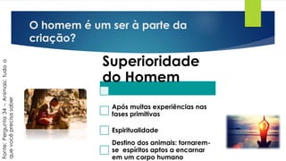 O homem é um ser à parte da
criação?
Fonte:Pergunta34–Animais:tudoo
quevocêprecisasaber
Superioridade
do Homem
Após muitas experiências nas
fases primitivas
Espiritualidade
Destino dos animais: tornarem-
se espíritos aptos a encarnar
em um corpo humano
 