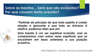 Sobre as baratas... Será que são evoluídas?
Por que causam tanta aversão?
“Partindo do princípio de que todo espírito é criado
simples e ignorante e que tudo no Universo é
relativo, podemos dizer que sim.
Uma barata é um ser espiritual evoluído, mas se
compararmos com outros seres espirituais que se
encontrem em fases anteriores a sua posição
evolutiva.
Fonte: Pergunta 31 – Animais: tudo o que você precisa saber
 