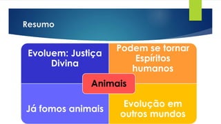 Resumo
Evoluem: Justiça
Divina
Podem se tornar
Espíritos
humanos
Já fomos animais
Evolução em
outros mundos
Animais
 