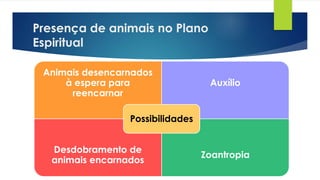 Presença de animais no Plano
Espiritual
Animais desencarnados
à espera para
reencarnar
Auxílio
Desdobramento de
animais encarnados
Zoantropia
Possibilidades
 