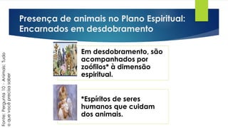 Presença de animais no Plano Espiritual:
Encarnados em desdobramento
Em desdobramento, são
acompanhados por
zoófilos* à dimensão
espiritual.
*Espíritos de seres
humanos que cuidam
dos animais.
Fonte:Pergunta10-Animais:Tudo
oquevocêprecisasaber
 