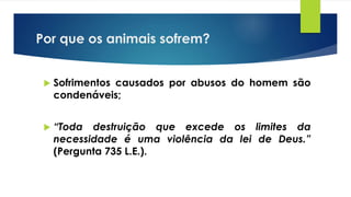 Por que os animais sofrem?
 Sofrimentos causados por abusos do homem são
condenáveis;
 “Toda destruição que excede os limites da
necessidade é uma violência da lei de Deus.”
(Pergunta 735 L.E.).
 