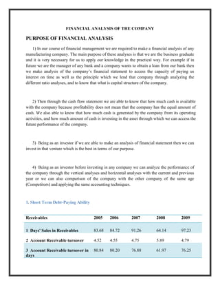 FINANCIAL ANALYSIS OF THE COMPANY

PURPOSE OF FINANCIAL ANALYSIS
    1) In our course of financial management we are required to make a financial analysis of any
manufacturing company. The main purpose of these analyses is that we are the business graduate
and it is very necessary for us to apply our knowledge in the practical way. For example if in
future we are the manager of any bank and a company wants to obtain a loan from our bank then
we make analysis of the company‟s financial statement to access the capacity of paying us
interest on time as well as the principle which we lend that company through analyzing the
different ratio analyses, and to know that what is capital structure of the company.



    2) Then through the cash flow statement we are able to know that how much cash is available
with the company because profitability does not mean that the company has the equal amount of
cash. We also able to know that how much cash is generated by the company from its operating
activities, and how much amount of cash is investing in the asset through which we can access the
future performance of the company.



    3) Being as an investor if we are able to make an analysis of financial statement then we can
invest in that venture which is the best in terms of our purpose.



    4) Being as an investor before investing in any company we can analyze the performance of
the company through the vertical analyses and horizontal analyses with the current and previous
year or we can also comparison of the company with the other company of the same age
(Competitors) and applying the same accounting techniques.



1. Short Term Debt-Paying Ability


Receivables                            2005     2006        2007           2008          2009

1 Days' Sales in Receivables           83.68    84.72       91.26          64.14         97.23

2 Account Receivable turnover          4.52     4.55        4.75           5.89          4.79

3 Account Receivable turnover in       80.84    80.20       76.88          61.97         76.25
days
 