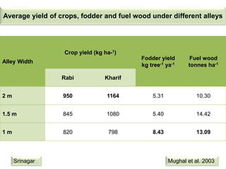 Average yield of crops, fodder and fuel wood under different alleys
Alley Width
Crop yield (kg ha-1)
Fodder yield
kg tree-...
