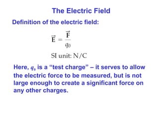 The Electric Field
Definition of the electric field:
Here, q0 is a “test charge” – it serves to allow
the electric force to be measured, but is not
large enough to create a significant force on
any other charges.
 