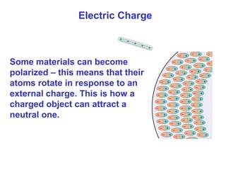 Electric Charge
Some materials can become
polarized – this means that their
atoms rotate in response to an
external charge. This is how a
charged object can attract a
neutral one.
 