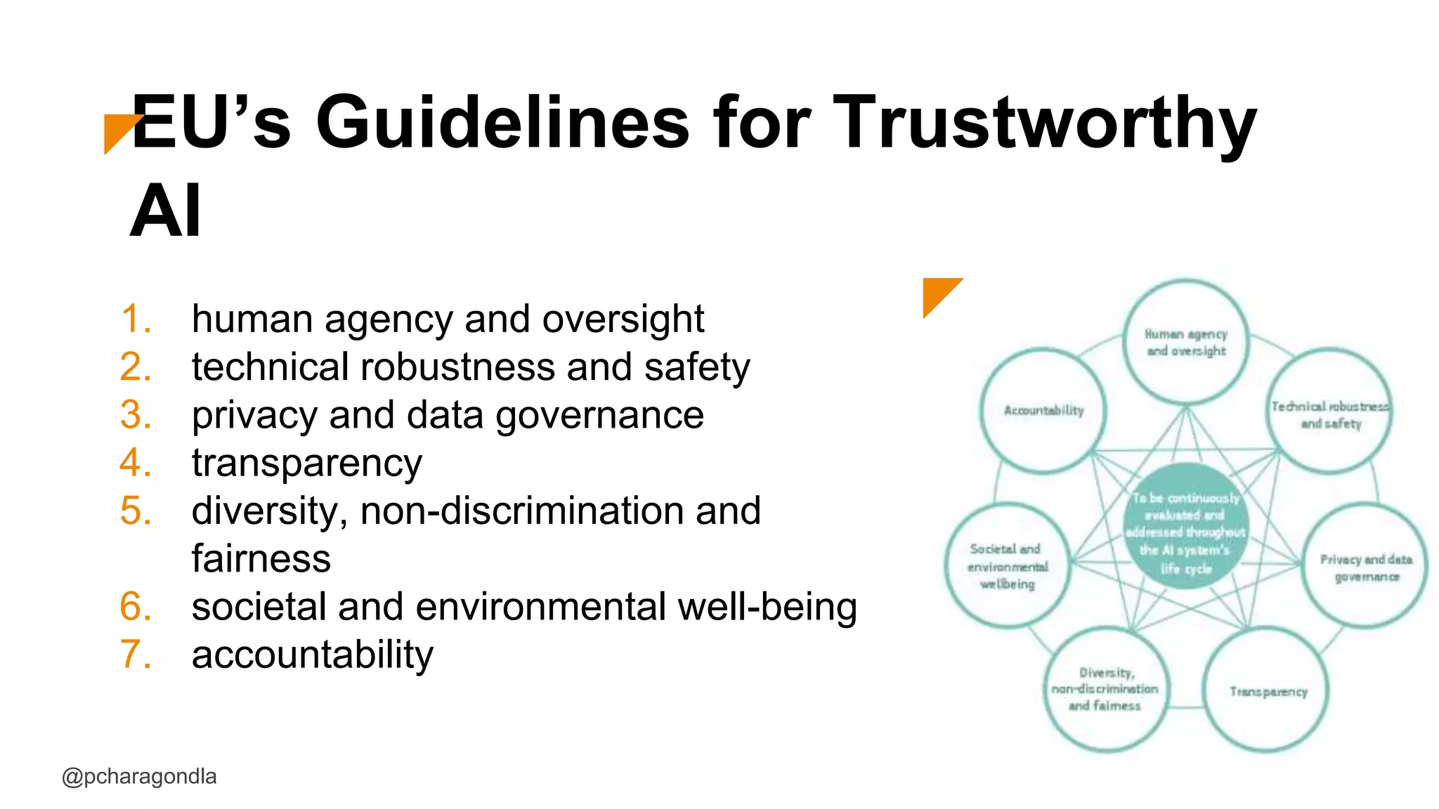 EU’s Guidelines for Trustworthy
AI
1. human agency and oversight
2. technical robustness and safety
3. privacy and data governance
4. transparency
5. diversity, non-discrimination and
fairness
6. societal and environmental well-being
7. accountability
@pcharagondla
 