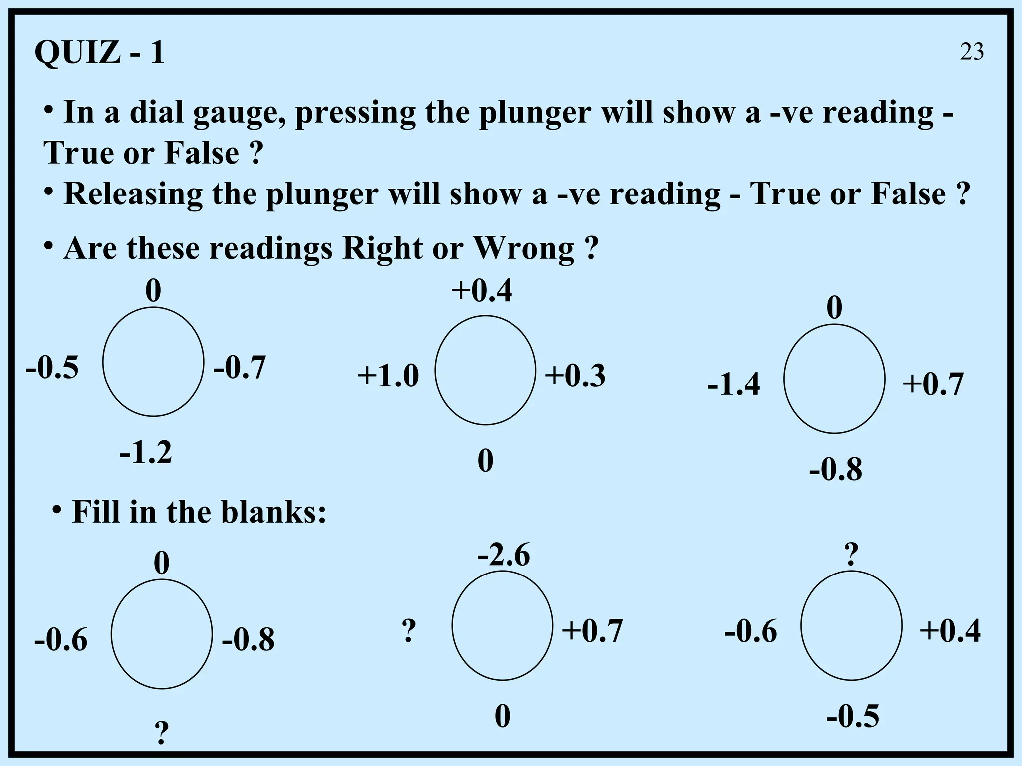 QUIZ - 1
• In a dial gauge, pressing the plunger will show a -ve reading -
True or False ?
• Releasing the plunger will show a -ve reading - True or False ?
• Are these readings Right or Wrong ?
0
-0.5 -0.7
-1.2 0
+1.0 +0.3
+0.4 0
-1.4 +0.7
-0.8
• Fill in the blanks:
0
-0.6 -0.8
?
0
? +0.7
-2.6 ?
-0.6 +0.4
-0.5
23
 
