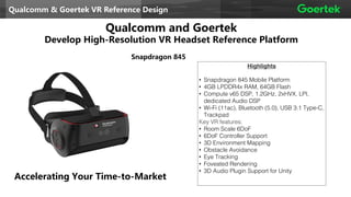 Qualcomm and Goertek
Develop High-Resolution VR Headset Reference Platform
Accelerating Your Time-to-Market
Qualcomm & Goertek VR Reference Design
Highlights
• Snapdragon 845 Mobile Platform
• 4GB LPDDR4x RAM, 64GB Flash
• Compute v65 DSP, 1.2GHz, 2xHVX, LPI,
dedicated Audio DSP
• Wi-Fi (11ac), Bluetooth (5.0), USB 3.1 Type-C,
Trackpad
Key VR features:
• Room Scale 6DoF
• 6DoF Controller Support
• 3D Environment Mapping
• Obstacle Avoidance
• Eye Tracking
• Foveated Rendering
• 3D Audio Plugin Support for Unity
Snapdragon 845
 