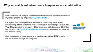 Why we match volunteer hours to open source contribution
I want to share the story of someone well-known in the Python community –
my fellow Bloomberg engineer, Stephanie Stattel.
Each year, Stephanie performs 50 hours of community service and
volunteering. At the end of the year – because of Bloomberg’s Dollars For
Your Hours matching program – Bloomberg was able to donate $5,000 on
her behalf to the Cystic Fibrosis Foundation – a cause near and dear to
her and her family.
Over the course of many years, she has had more than $50K donated to
the Foundation through his program!
 
