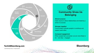 © 2024 Bloomberg Finance L.P. All rights reserved.
01
02
03
04
05
06 Shared purpose
Open source is about relationships and fostering a
sense of purpose.
Stronger together
Communities motivate people to contribute and
support each other.
Increased engagement
When people feel connected, we are more likely to
be – and stay – engaged.
Community Gives Us
Belonging
Social
Impact
Innovation
Growth
Belonging
Knowledge
Trust
 
