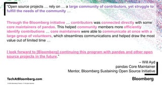 © 2024 Bloomberg Finance L.P. All rights reserved.
“Open source projects … rely on … a large community of contributors, yet struggle to
fulfill the needs of the community …
Through the Bloomberg initiative … contributors was connected directly with some
core maintainers of pandas. This helped community members more efficiently
identify contributions … core maintainers were able to communicate at once with a
large group of volunteers, which streamlines communications and helped draw the most
value out of limited time …
I look forward to [Bloomberg] continuing this program with pandas and other open
source projects in the future.”
– Will Ayd
pandas Core Maintainer
Mentor, Bloomberg Sustaining Open Source Initiative
 