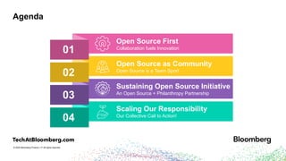 © 2024 Bloomberg Finance L.P. All rights reserved.
Agenda
04
Scaling Our Responsibility
Our Collective Call to Action!
03
Sustaining Open Source Initiative
An Open Source + Philanthropy Partnership
02
Open Source as Community
Open Source is a Team Sport
01
Open Source First
Collaboration fuels Innovation
 
