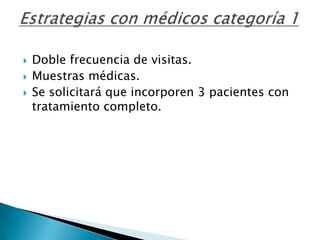 



Doble frecuencia de visitas.
Muestras médicas.
Se solicitará que incorporen 3 pacientes con
tratamiento completo.

 