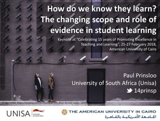 Paul Prinsloo
University of South Africa (Unisa)
14prinsp
How do we know they learn?
The changing scope and role of
evidence in student learning
Image credit: https://pixabay.com/en/building-cctv-door-female-ladies-1839464/
Keynote at “Celebrating 15 years of Promoting Excellence in
Teaching and Learning”, 25-27 February 2018,
American University of Cairo
 