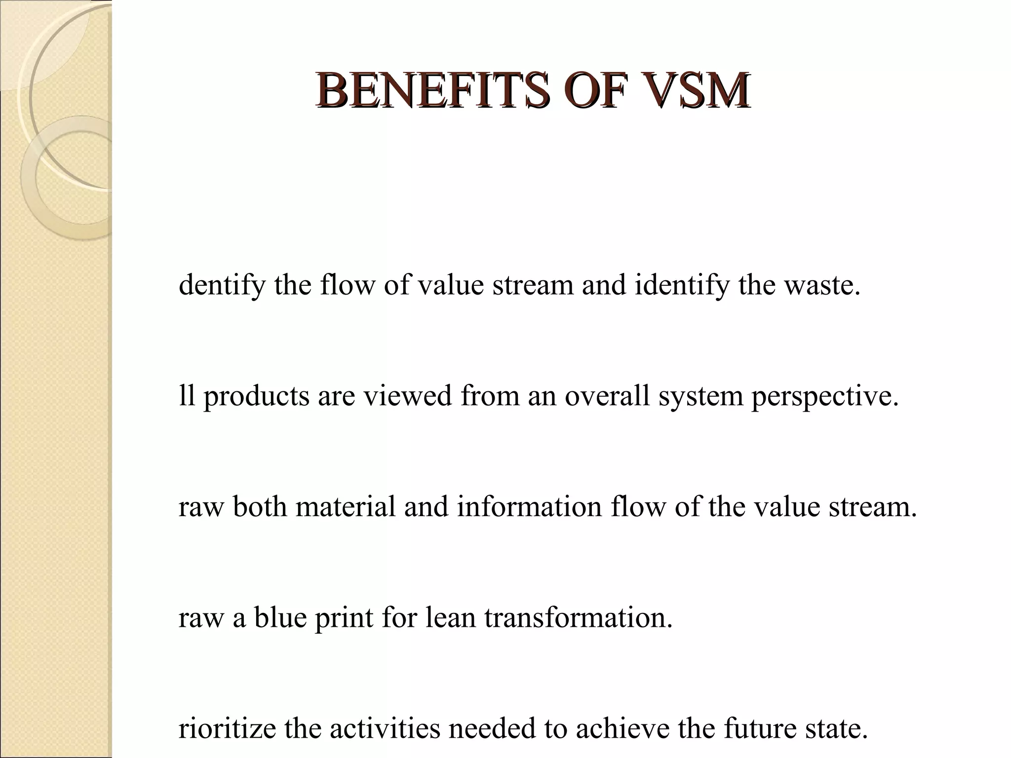 BENEFITS OF VSM Identify the flow of value stream and identify the waste. All products are viewed from an overall system perspective. Draw both material and information flow of the value stream. Draw a blue print for lean transformation. Prioritize the activities needed to achieve the future state. 