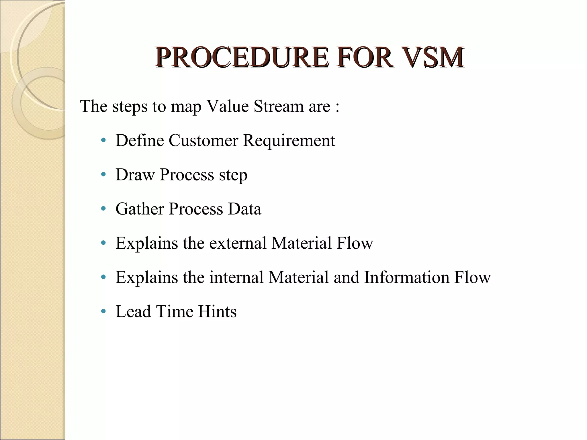 PROCEDURE FOR VSM The steps to map Value Stream are : Define Customer Requirement Draw Process step Gather Process Data Explains the external Material Flow Explains the internal Material and Information Flow Lead Time Hints 