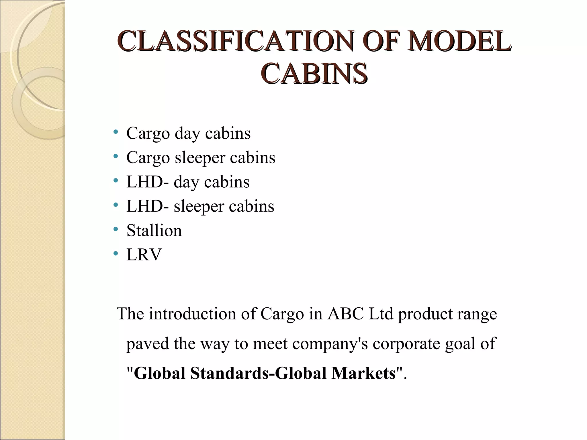 CLASSIFICATION OF MODEL CABINS Cargo day cabins Cargo sleeper cabins LHD- day cabins LHD- sleeper cabins Stallion LRV The introduction of Cargo in ABC Ltd product range paved the way to meet company's corporate goal of &quot; Global Standards-Global Markets &quot;. 