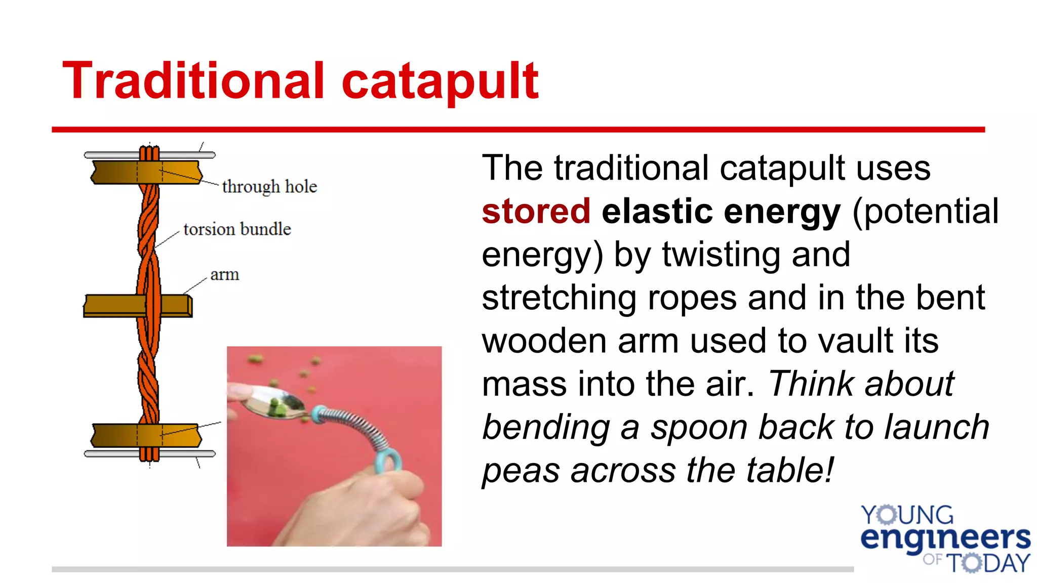 Traditional catapult
The traditional catapult uses
stored elastic energy (potential
energy) by twisting and
stretching ropes and in the bent
wooden arm used to vault its
mass into the air. Think about
bending a spoon back to launch
peas across the table!
 