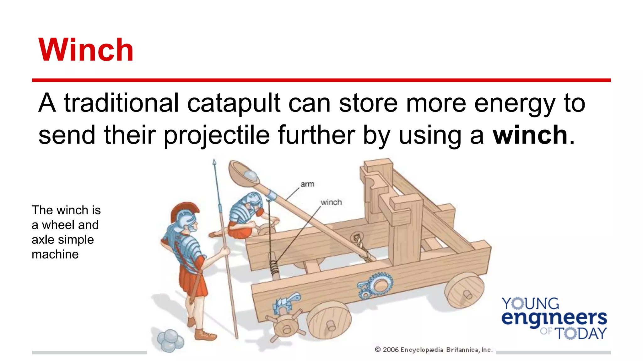 Winch
A traditional catapult can store more energy to
send their projectile further by using a winch.
The winch is
a wheel and
axle simple
machine
 