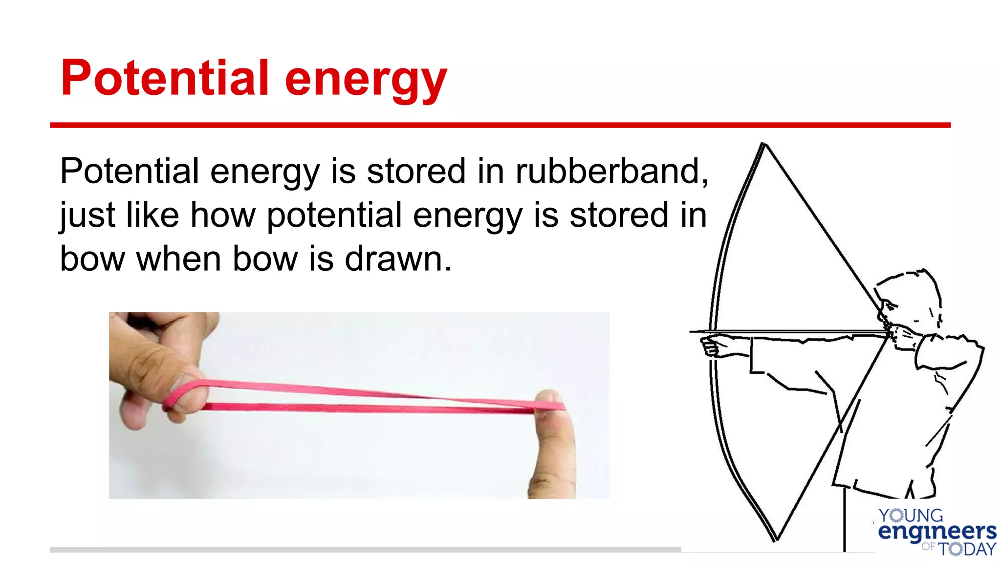 Potential energy
Potential energy is stored in rubberband,
just like how potential energy is stored in
bow when bow is drawn.
 