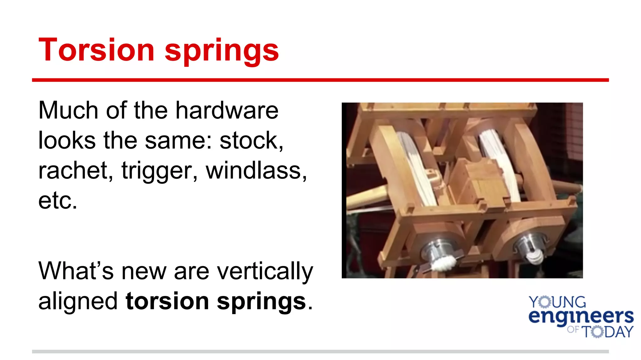 Torsion springs
Much of the hardware
looks the same: stock,
rachet, trigger, windlass,
etc.
What’s new are vertically
aligned torsion springs.
 