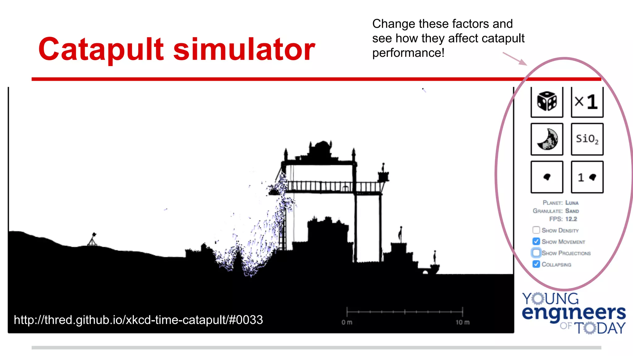 Catapult simulator
http://thred.github.io/xkcd-time-catapult/#0033
Change these factors and
see how they affect catapult
performance!
 