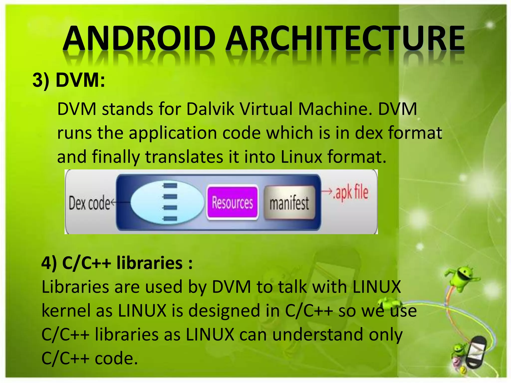 ANDROID ARCHITECTURE
3) DVM:
DVM stands for Dalvik Virtual Machine. DVM
runs the application code which is in dex format
and finally translates it into Linux format.
4) C/C++ libraries :
Libraries are used by DVM to talk with LINUX
kernel as LINUX is designed in C/C++ so we use
C/C++ libraries as LINUX can understand only
C/C++ code.
 