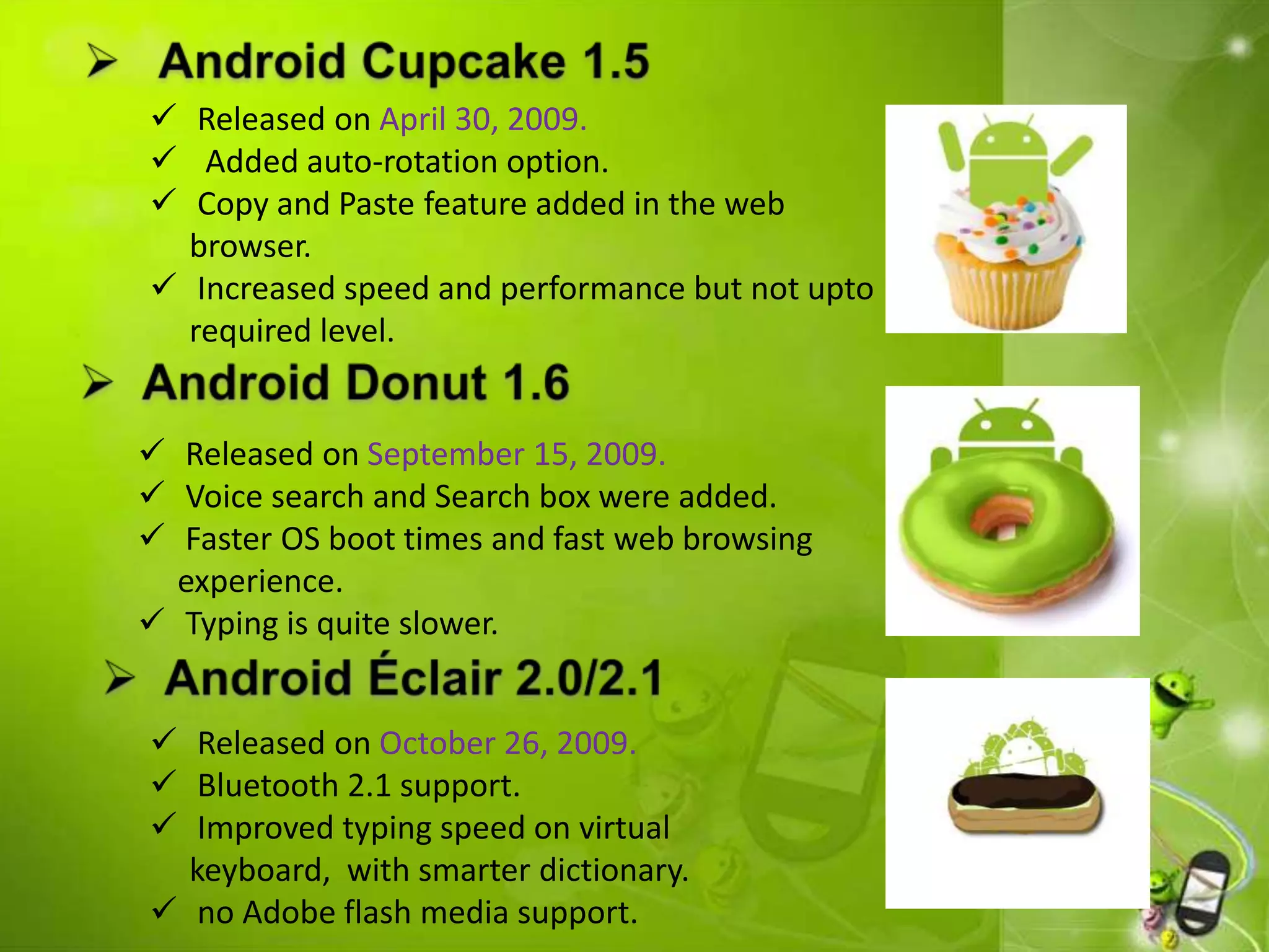  Released on April 30, 2009.
 Added auto-rotation option.
 Copy and Paste feature added in the web
browser.
 Increased speed and performance but not upto
required level.
 Released on September 15, 2009.
 Voice search and Search box were added.
 Faster OS boot times and fast web browsing
experience.
 Typing is quite slower.
 Released on October 26, 2009.
 Bluetooth 2.1 support.
 Improved typing speed on virtual
keyboard, with smarter dictionary.
 no Adobe flash media support.
 