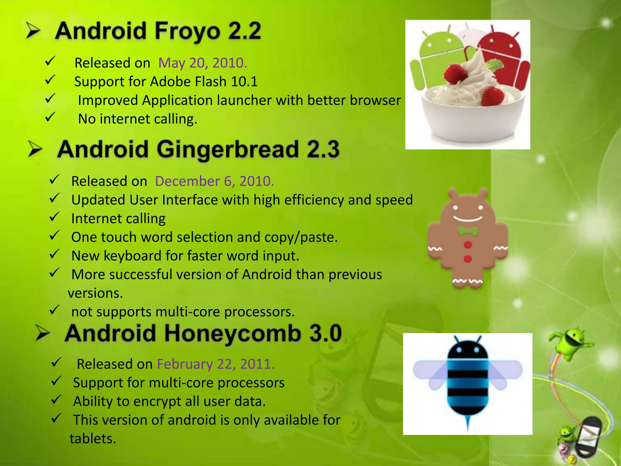  Released on May 20, 2010.
 Support for Adobe Flash 10.1
 Improved Application launcher with better browser
 No internet calling.
 Released on December 6, 2010.
 Updated User Interface with high efficiency and speed
 Internet calling
 One touch word selection and copy/paste.
 New keyboard for faster word input.
 More successful version of Android than previous
versions.
 not supports multi-core processors.
 Released on February 22, 2011.
 Support for multi-core processors
 Ability to encrypt all user data.
 This version of android is only available for
tablets.
 