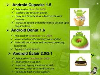  Released on April 30, 2009.
 Added auto-rotation option.
 Copy and Paste feature added in the web
browser.
 Increased speed and performance but not upto
required level.
 Released on September 15, 2009.
 Voice search and Search box were added.
 Faster OS boot times and fast web browsing
experience.
 Typing is quite slower.
 Released on October 26, 2009.
 Bluetooth 2.1 support.
 Improved typing speed on virtual
keyboard, with smarter dictionary.
 no Adobe flash media support.
 