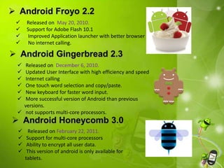  Released on May 20, 2010.
 Support for Adobe Flash 10.1
 Improved Application launcher with better browser
 No internet calling.
 Released on December 6, 2010.
 Updated User Interface with high efficiency and speed
 Internet calling
 One touch word selection and copy/paste.
 New keyboard for faster word input.
 More successful version of Android than previous
versions.
 not supports multi-core processors.
 Released on February 22, 2011.
 Support for multi-core processors
 Ability to encrypt all user data.
 This version of android is only available for
tablets.
 