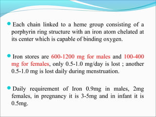 Each chain linked to a heme group consisting of a
porphyrin ring structure with an iron atom chelated at
its center which is capable of binding oxygen.
Iron stores are 600-1200 mg for males and 100-400
mg for females, only 0.5-1.0 mg/day is lost ; another
0.5-1.0 mg is lost daily during menstruation.
Daily requirement of Iron 0.9mg in males, 2mg
females, in pregnancy it is 3-5mg and in infant it is
0.5mg.
 