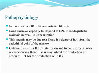 Pathophysiology
In this anemia RBC’s have shortened life span
Bone marrows capacity to respond to EPO is inadequate to
maintain normal Hb concentration
This anemia may be due to a block in release of iron from the
endothilial cells of the marrow
Cytokinins such as IL1, γ interferron and tumor necrosis factor
released during these illness may inhibit the production or
action of EPO or the production of RBCs
 