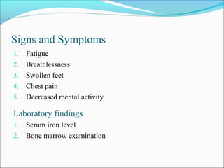 Signs and Symptoms
1. Fatigue
2. Breathlessness
3. Swollen feet
4. Chest pain
5. Decreased mental activity
Laboratory findings
1. Serum iron level
2. Bone marrow examination
 