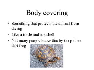 Body covering
• Something that protects the animal from
dieing
• Like a turtle and it’s shell
• Not many people know this by the poison
dart frog
 