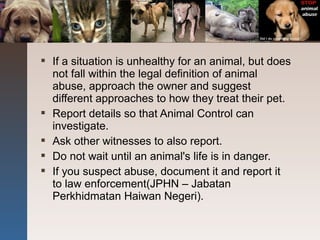  If a situation is unhealthy for an animal, but does
not fall within the legal definition of animal
abuse, approach the owner and suggest
different approaches to how they treat their pet.
 Report details so that Animal Control can
investigate.
 Ask other witnesses to also report.
 Do not wait until an animal's life is in danger.
 If you suspect abuse, document it and report it
to law enforcement(JPHN – Jabatan
Perkhidmatan Haiwan Negeri).
 