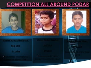 Master Nawaz Badshah  Std VI B  1 st  prize Extempore International Literature Week 2010  Master Akshat Wadkar  Std VII A  2 nd  prize Instrumental - Tabla Competition (District Level) Master.Alwaz Khan  Std. X B Best Student of the Year 2010 