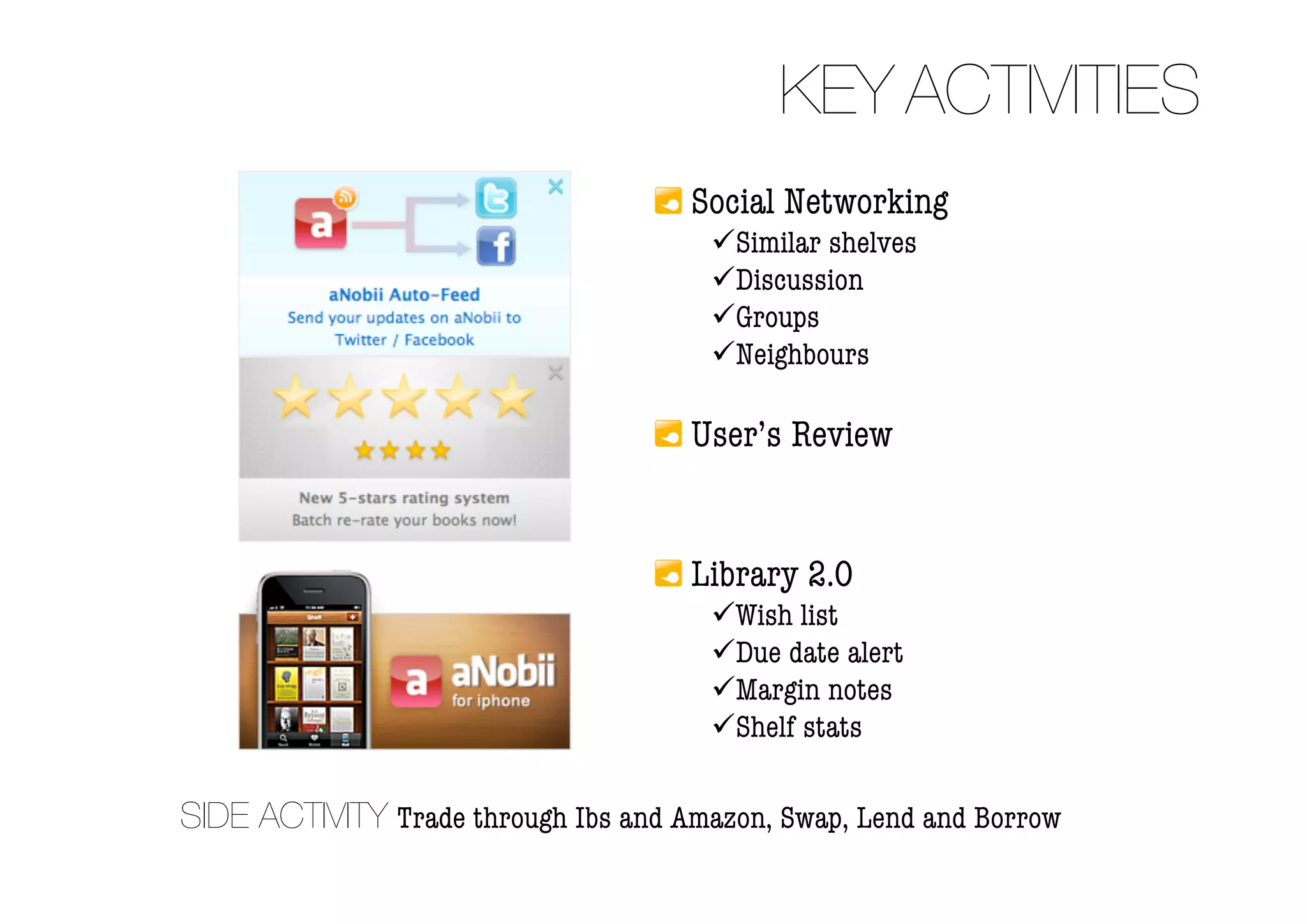 KEY ACTIVITIES
                                     Social Networking
                                       Similar shelves
                                       Discussion
                                       Groups
                                       Neighbours

                                     User’s Review


                                     Library 2.0
                                       Wish list
                                       Due date alert
                                       Margin notes
                                       Shelf stats

SIDE ACTIVITY Trade through Ibs and Amazon, Swap, Lend and Borrow
 