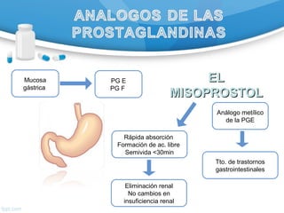 Mucosa
gástrica
PG E
PG F
Análogo metílico
de la PGE
ELEL
MISOPROSTOLMISOPROSTOL
Tto. de trastornos
gastrointestinales
Rápida absorción
Formación de ac. libre
Semivida <30min
Eliminación renal
No cambios en
insuficiencia renal
 